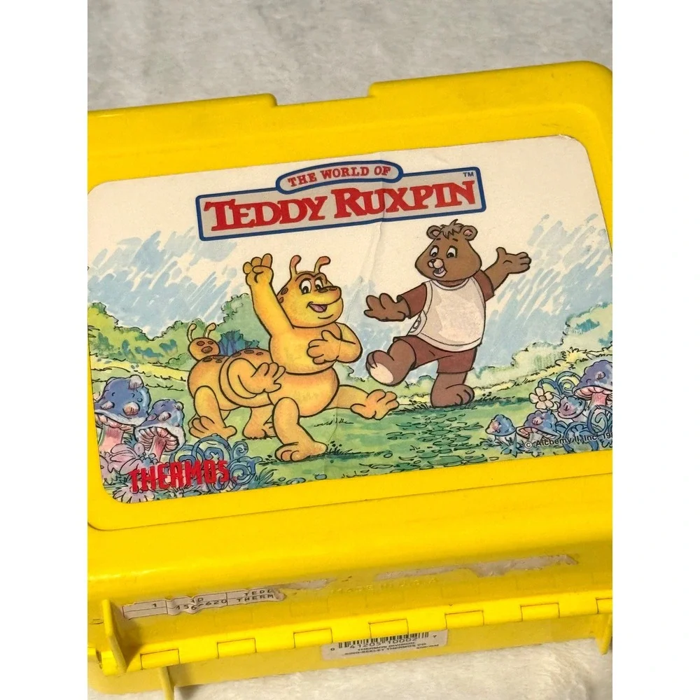 Vintage 1980s Teddy Ruxpin Thermos Plastic Lunch Box with Matching Bottle Yellow